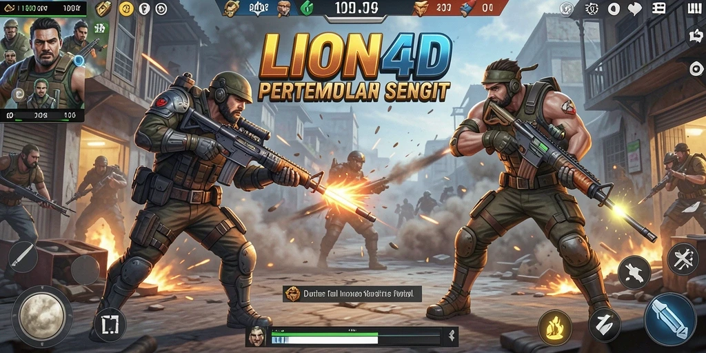 Screenshot menunjukkan pertempuran seru dalam game Battle Royale LION4D.